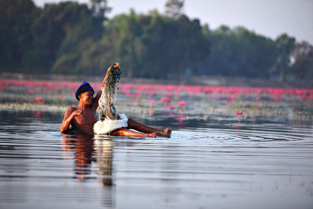 A man floating in water holding fishnet in his hands. 