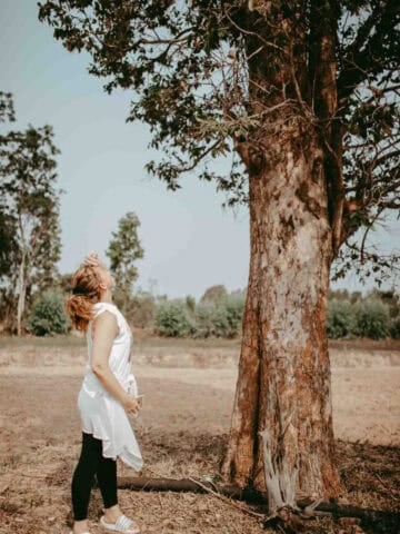 A woman gazing at a tall tree in the middle of rice field in thailand.