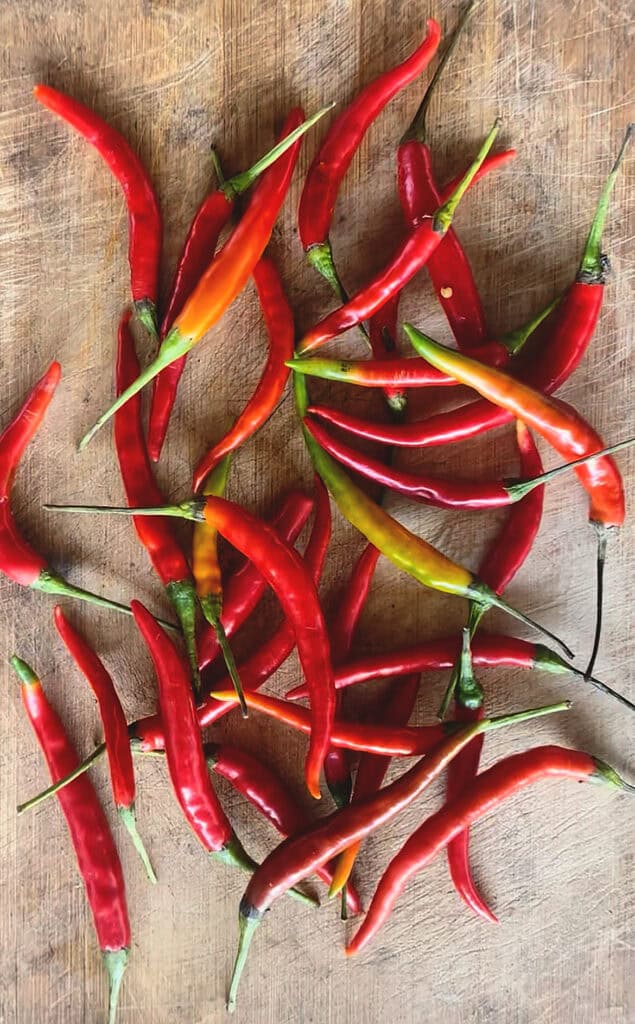 Thai Spur chilies on a cutting board