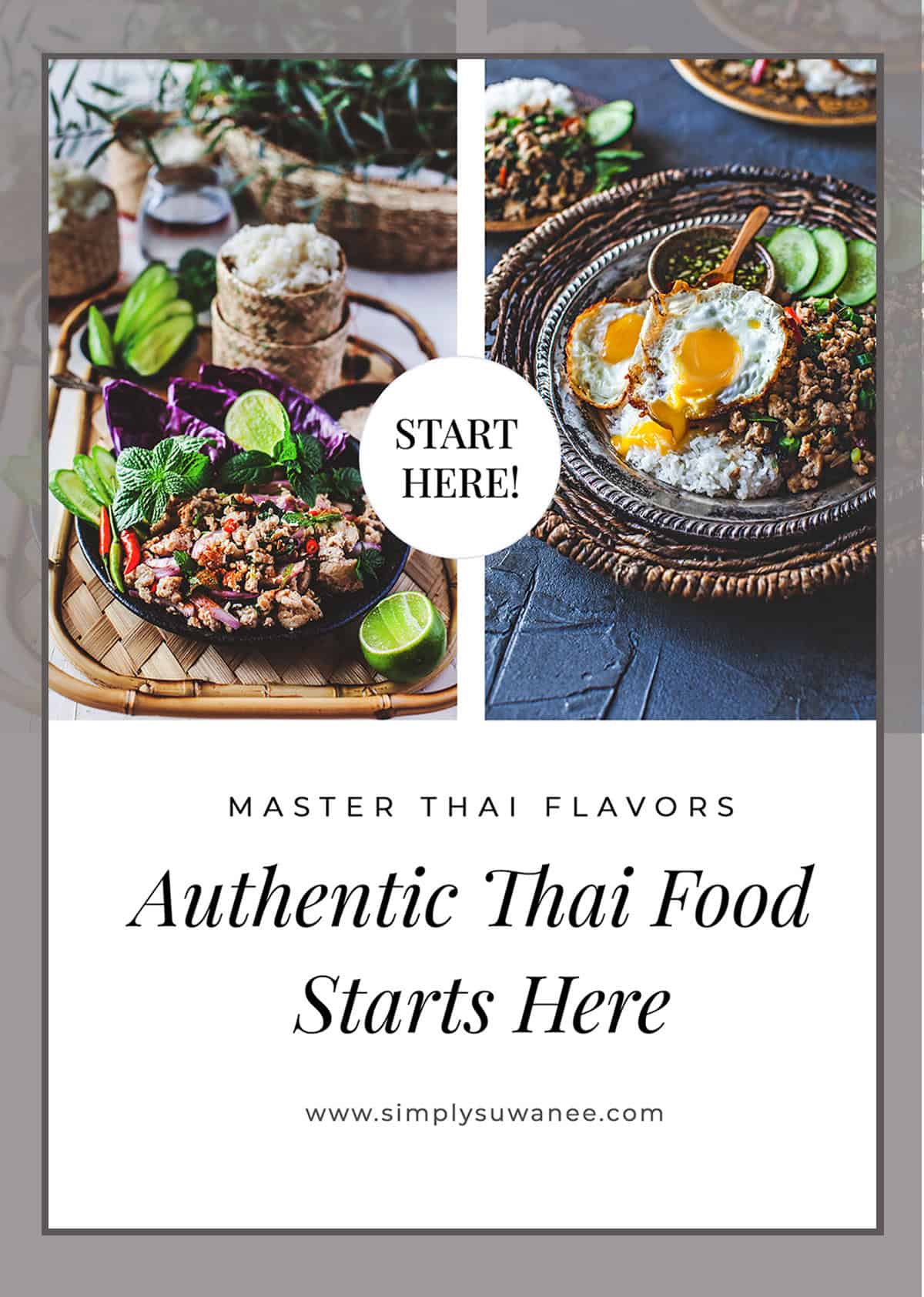 Collage image of 2 thai dishes on a plate and sitting on the table with text in the bottom.