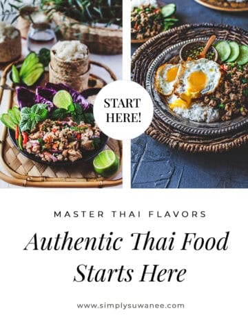 Collage image of 2 picture of thai food on a table.