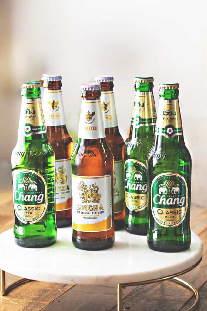 Thai beer Chang and Beer Leo on a tray.