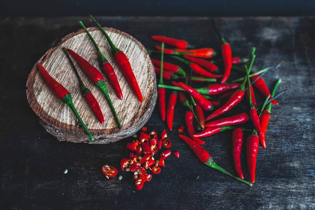 Fresh Thai bird's eye chilies used in som tum and curry paste.