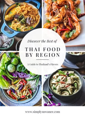 An image collage of 4 pictures with text in white circle that reads, thai food by region.