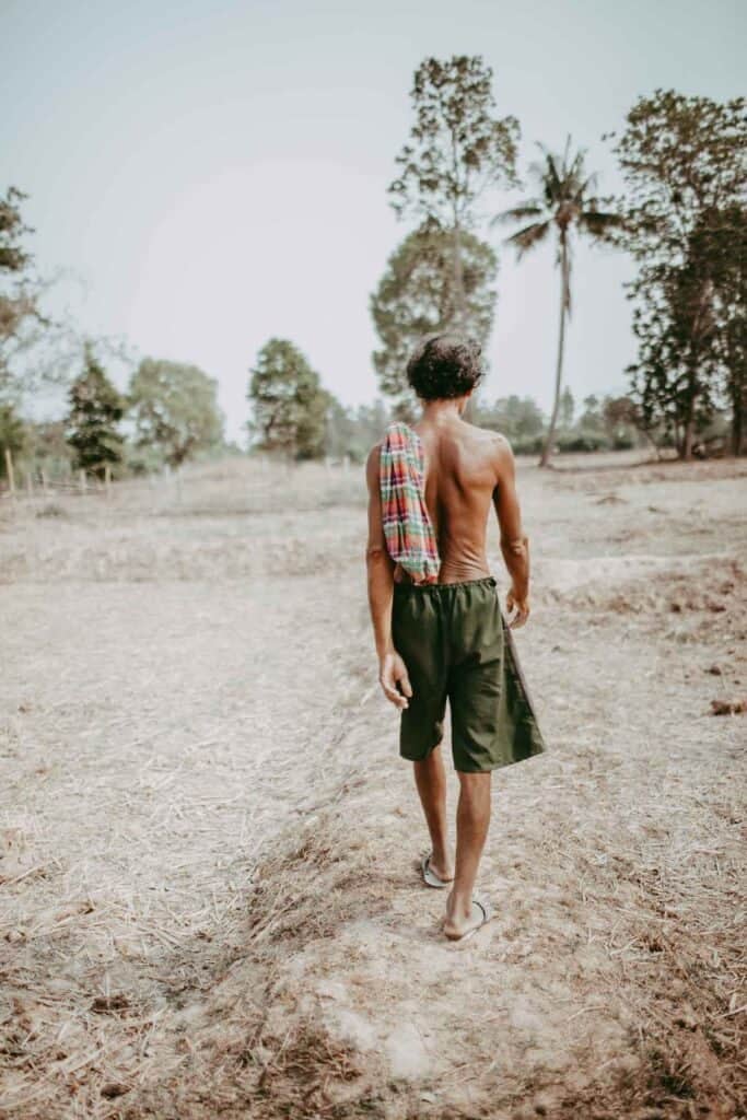A shirt-less Thai man walking through rice paddies.