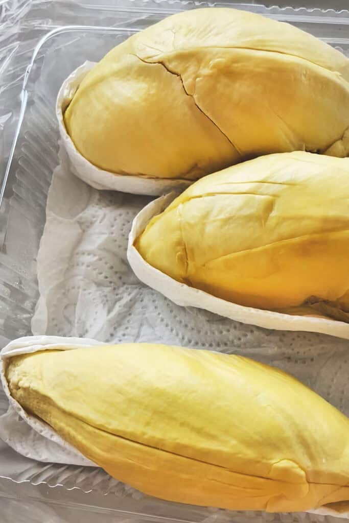Durian flesh on a tray. 