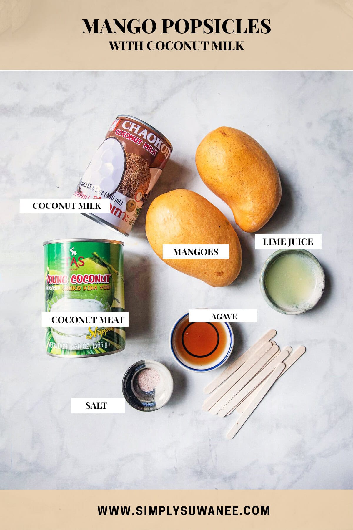 Labeled mango popsicle ingredients on a table. 