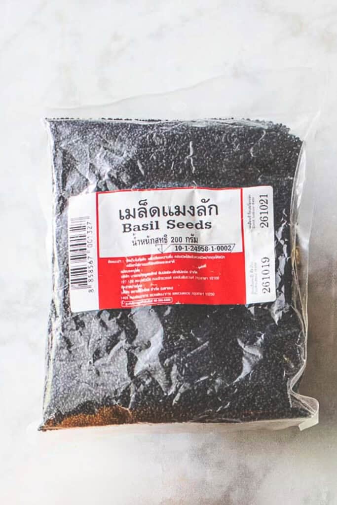 Thai basil seeds in a bag on the table. 