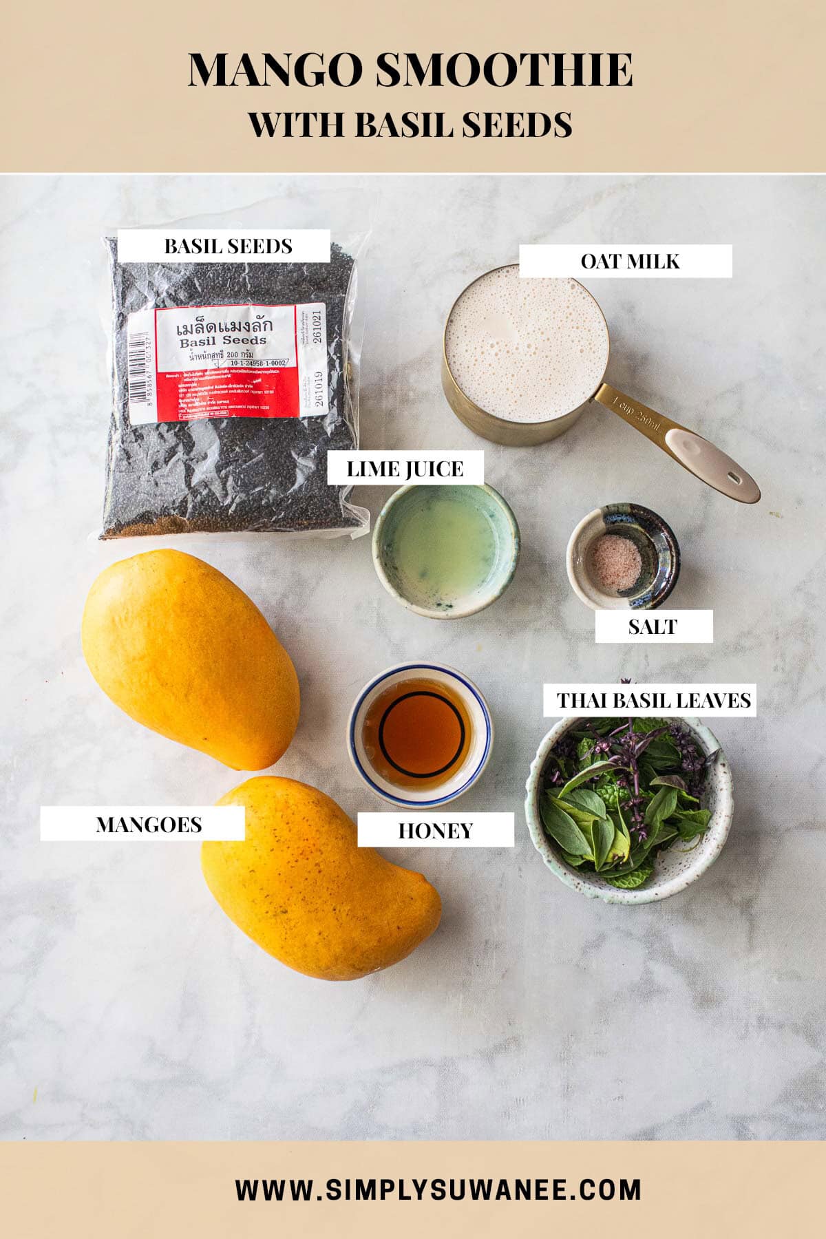 Labeled Mango Smoothie Recipe Ingredients on a table. 