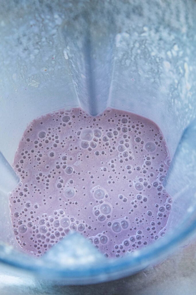 Purple taro bubble tea puree in a food processor. 