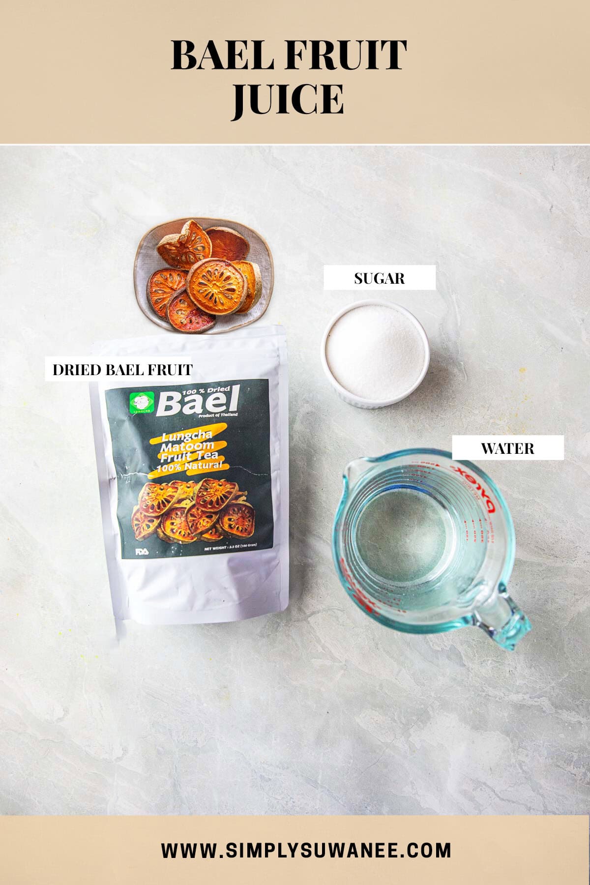 Labeled Beal fruit drink ingredients on a countertop. 
