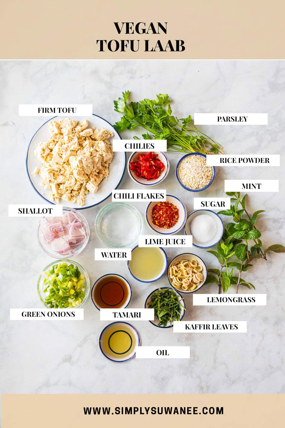 Labeled ingredients for Larb tofu recipe on a counter. 