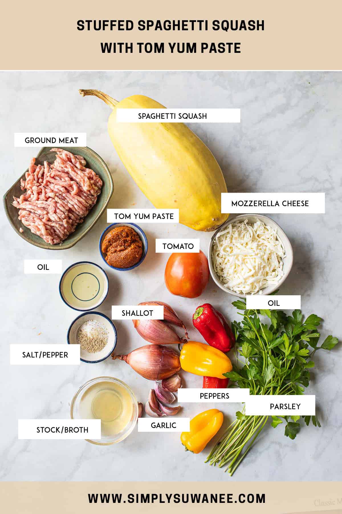 Labeled ingredients for stuffed spaghetti squash on the counter. 