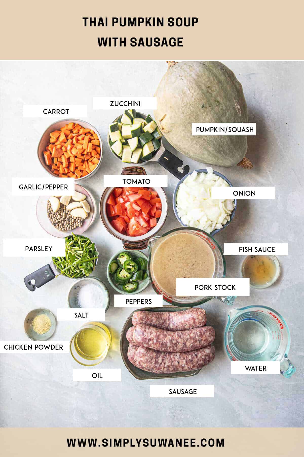 Ingredients for Thai pumpkin soup recipe with labels for each one. 