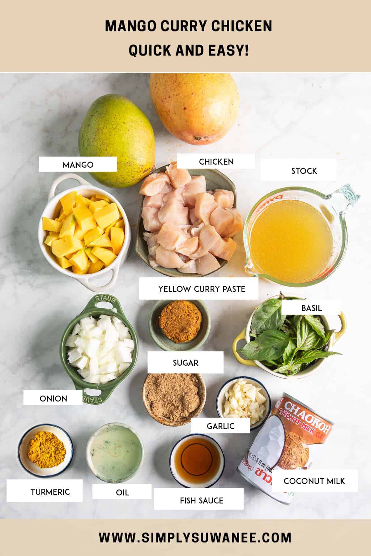 labeled ingredients for mango curry chicken on a table.