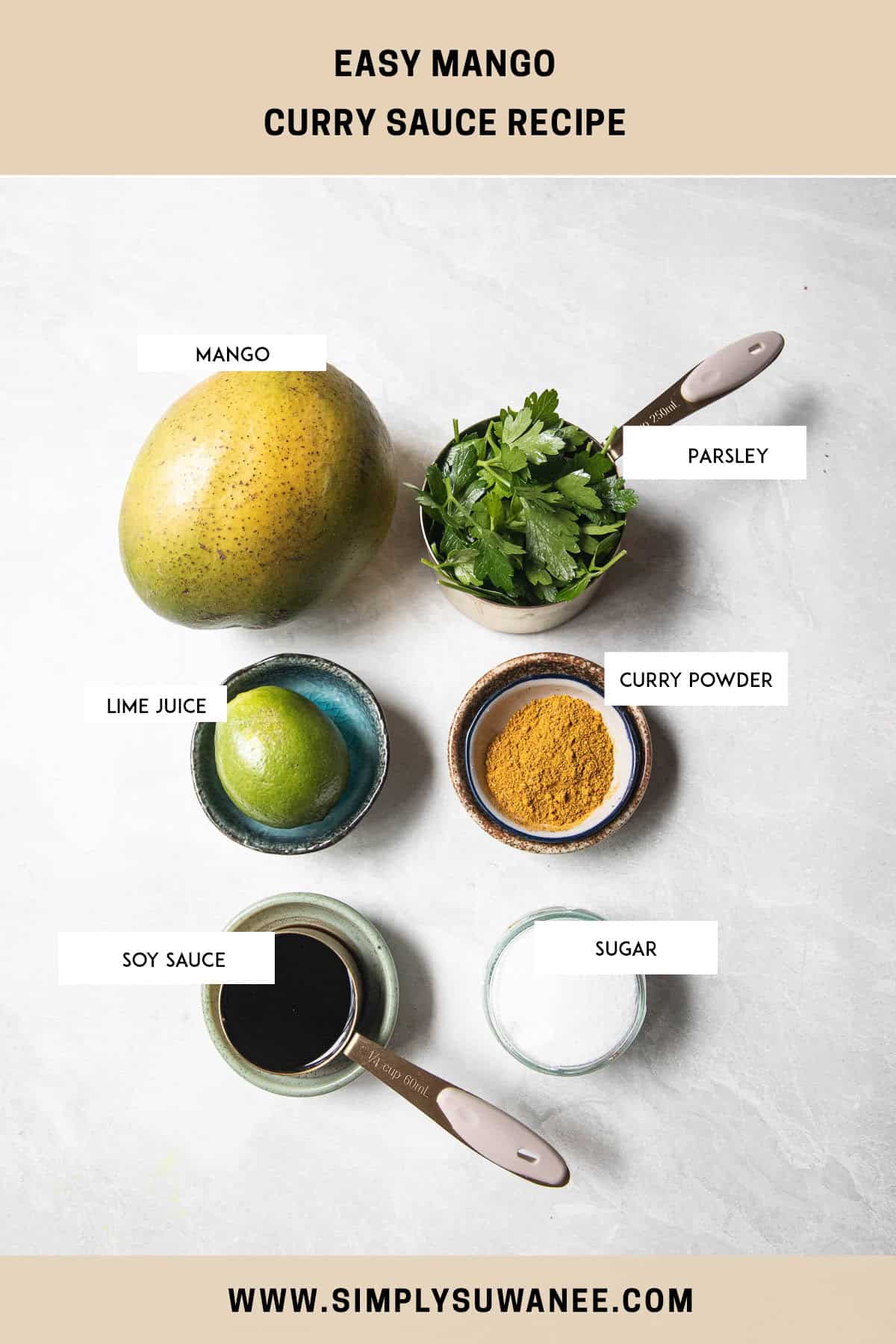 Labeled ingredients for Mango Curry Dipping Sauce on a plate on a counter.