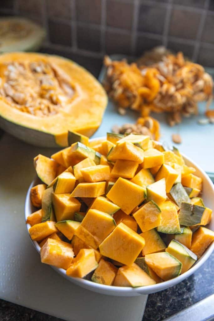 Chopped pumpkins in a bowl. 