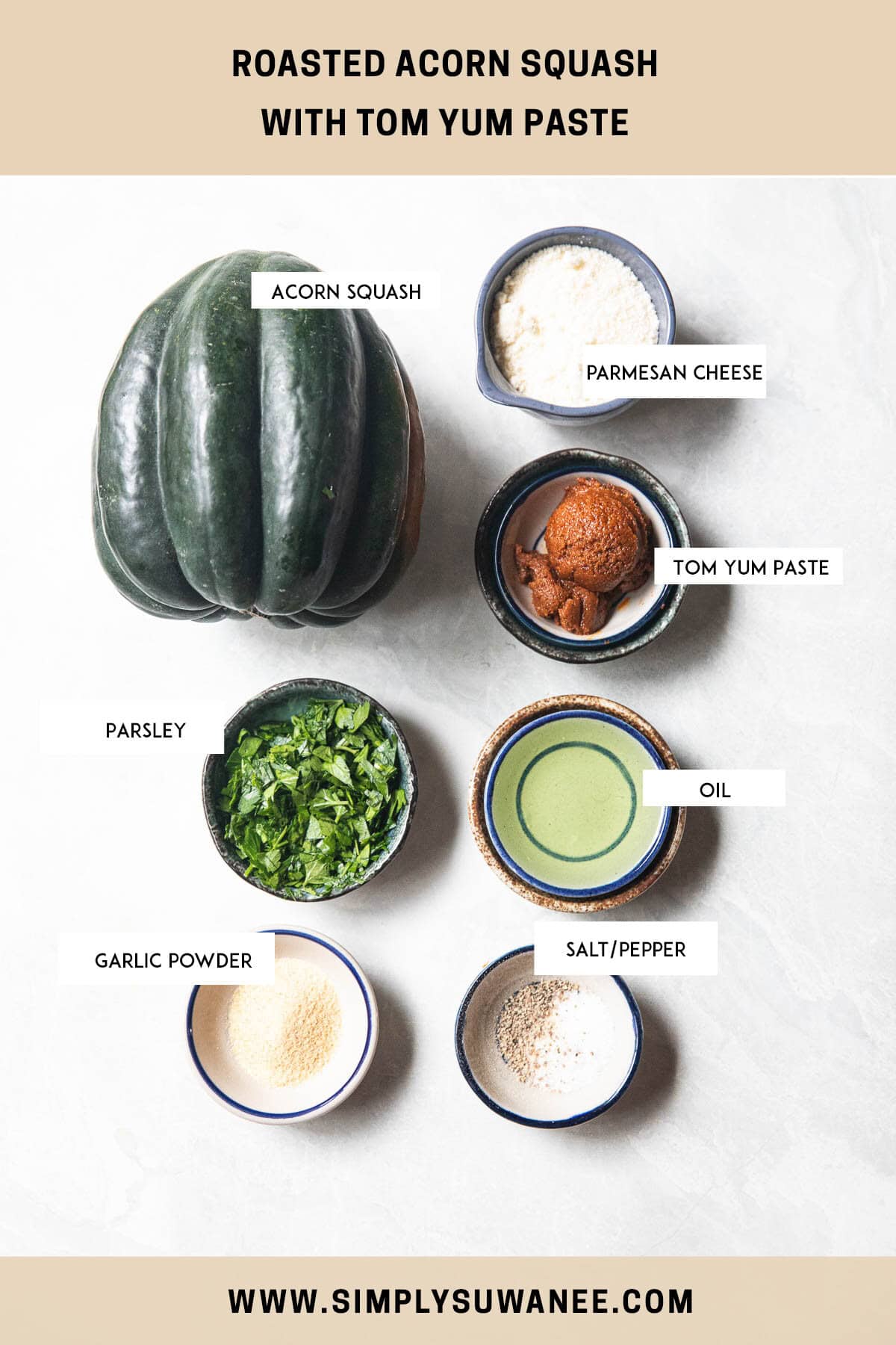 Labeled ingredients for roasted acorn squash with tom yum paste recipe on a table. 