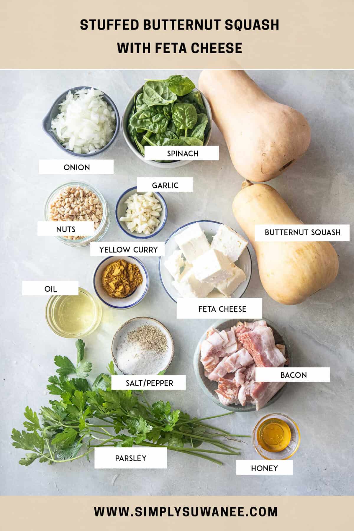 Labeled ingredients for the Stuffed Butternut Squash recipe on a table. 
