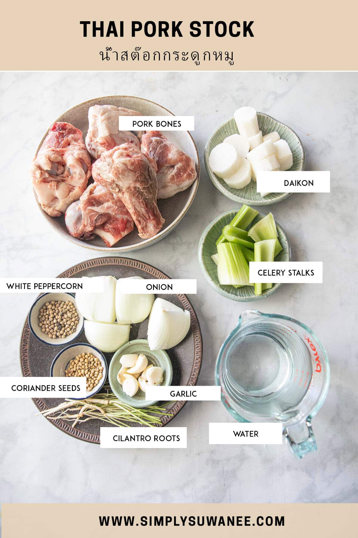 Labeled ingredients for Thai pork stock on a table. 