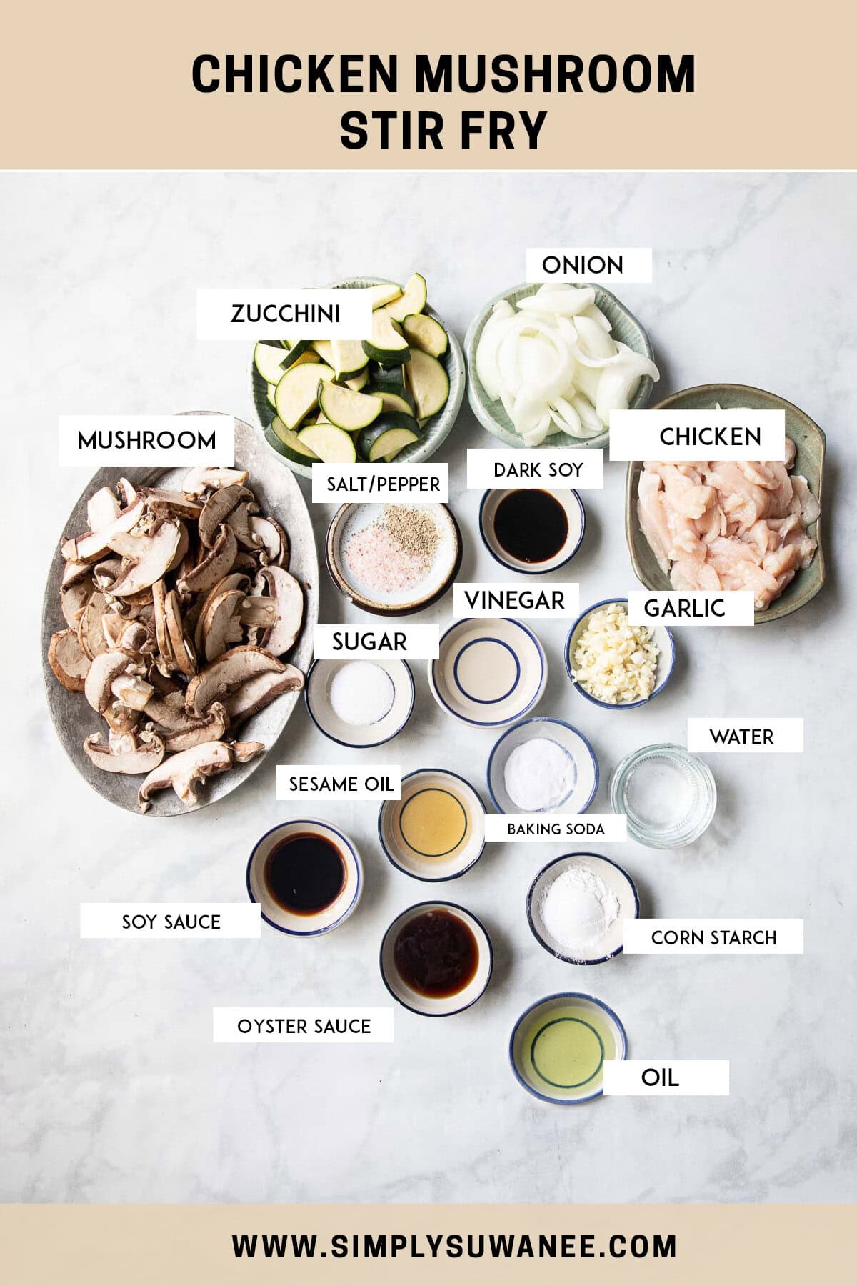 Labeled ingredients for mushroom chicken stir fry on a counter. 