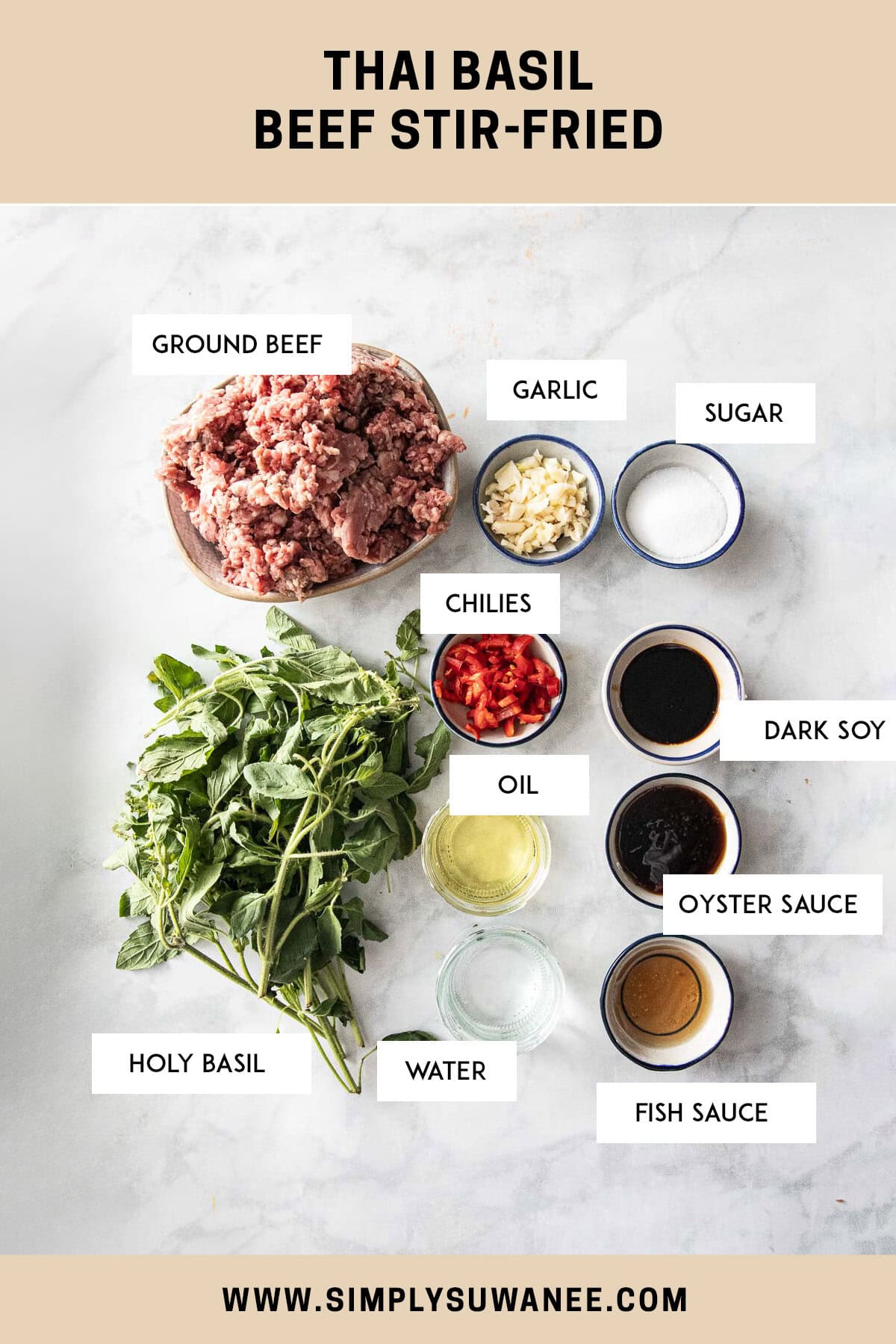 Labeled ingredients on a table for thai beef pad kra pao.