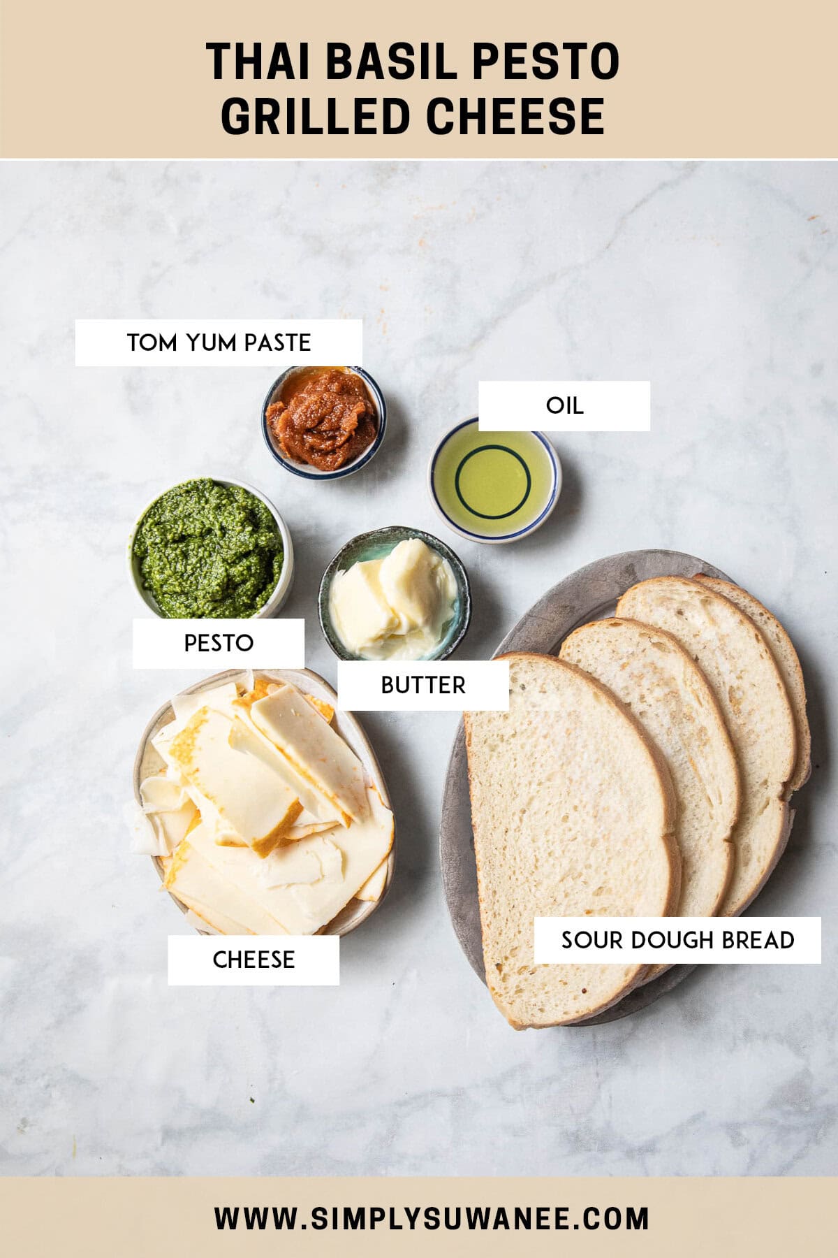 thai pesto grilled cheese ingredients, with labels, on the table.