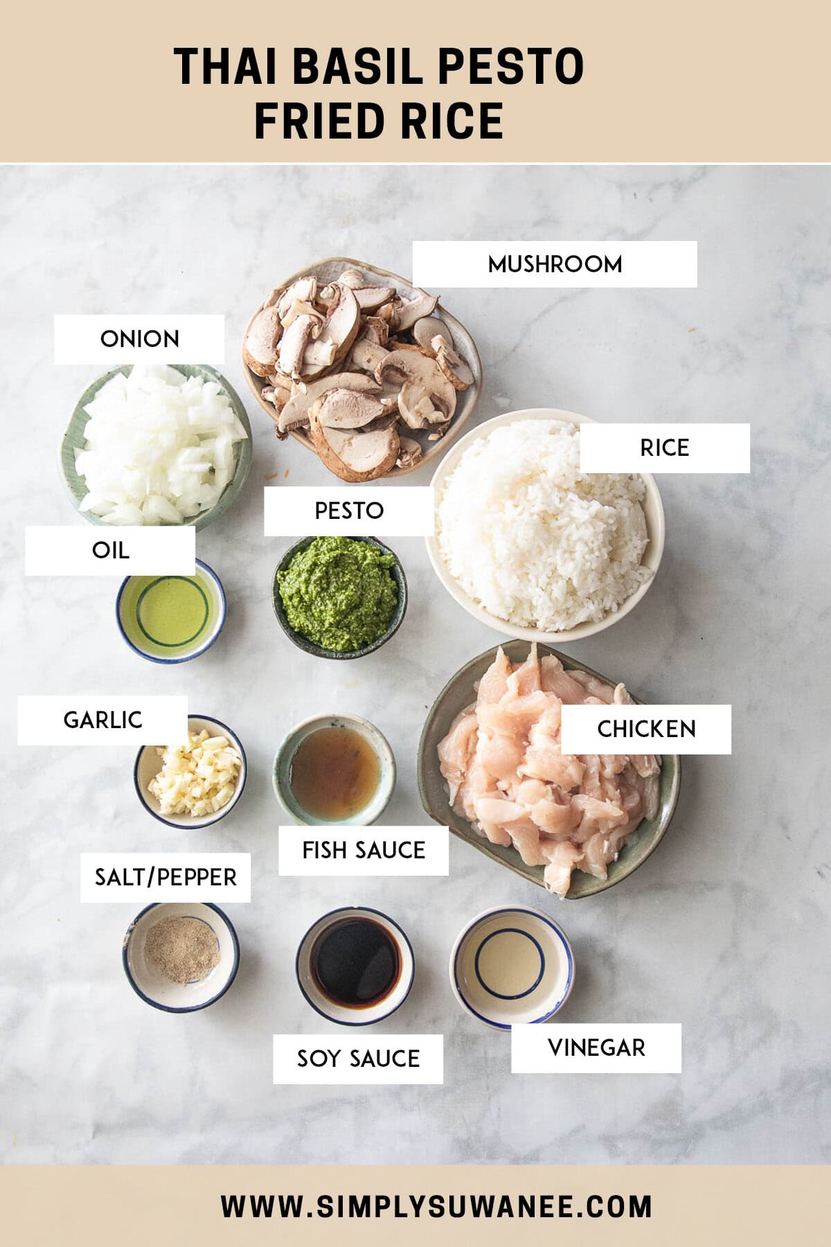 Labeled ingredients for pesto rice on a table.