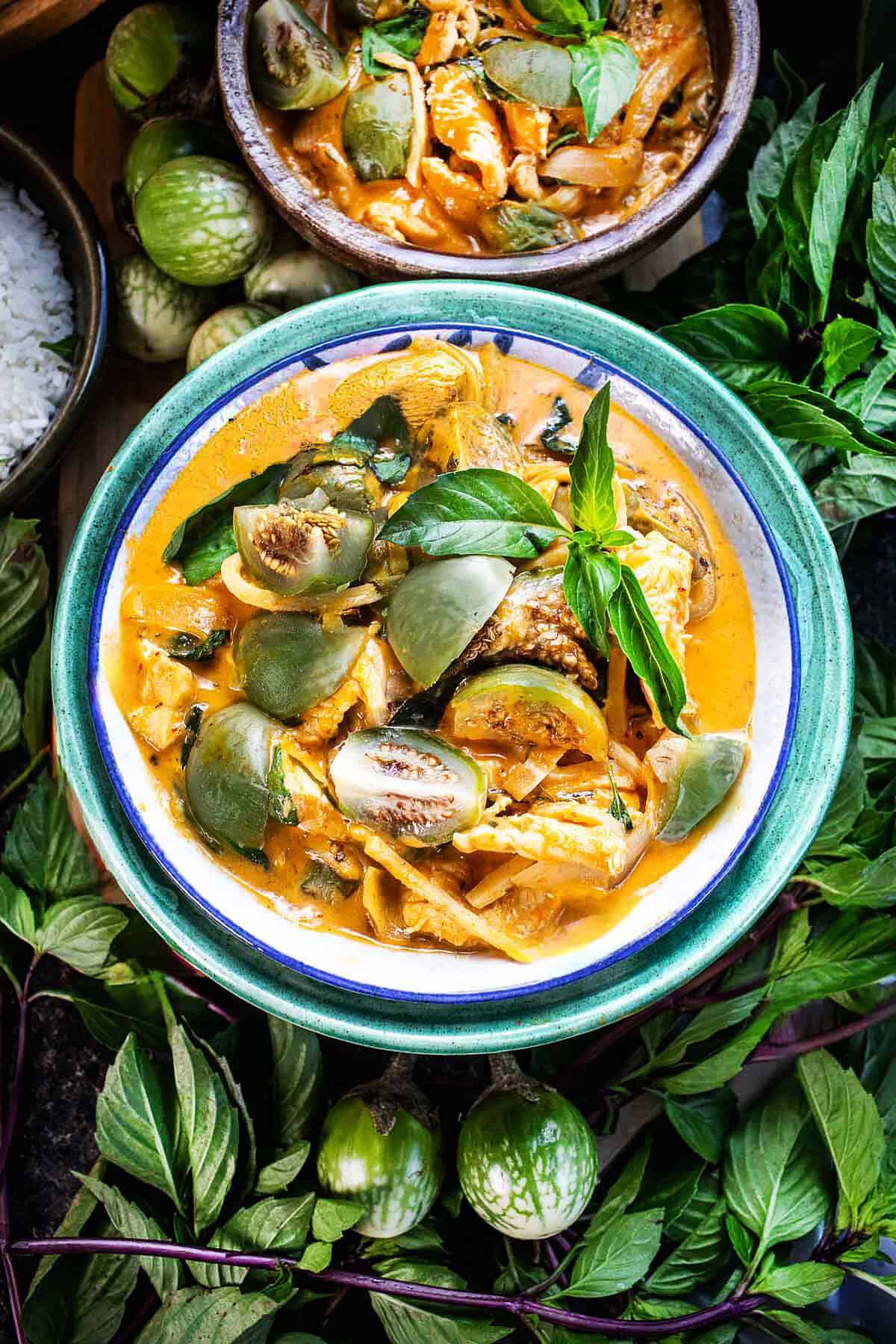 Thai eggplant curry recipe in a bowl surrounded by thai basil. 