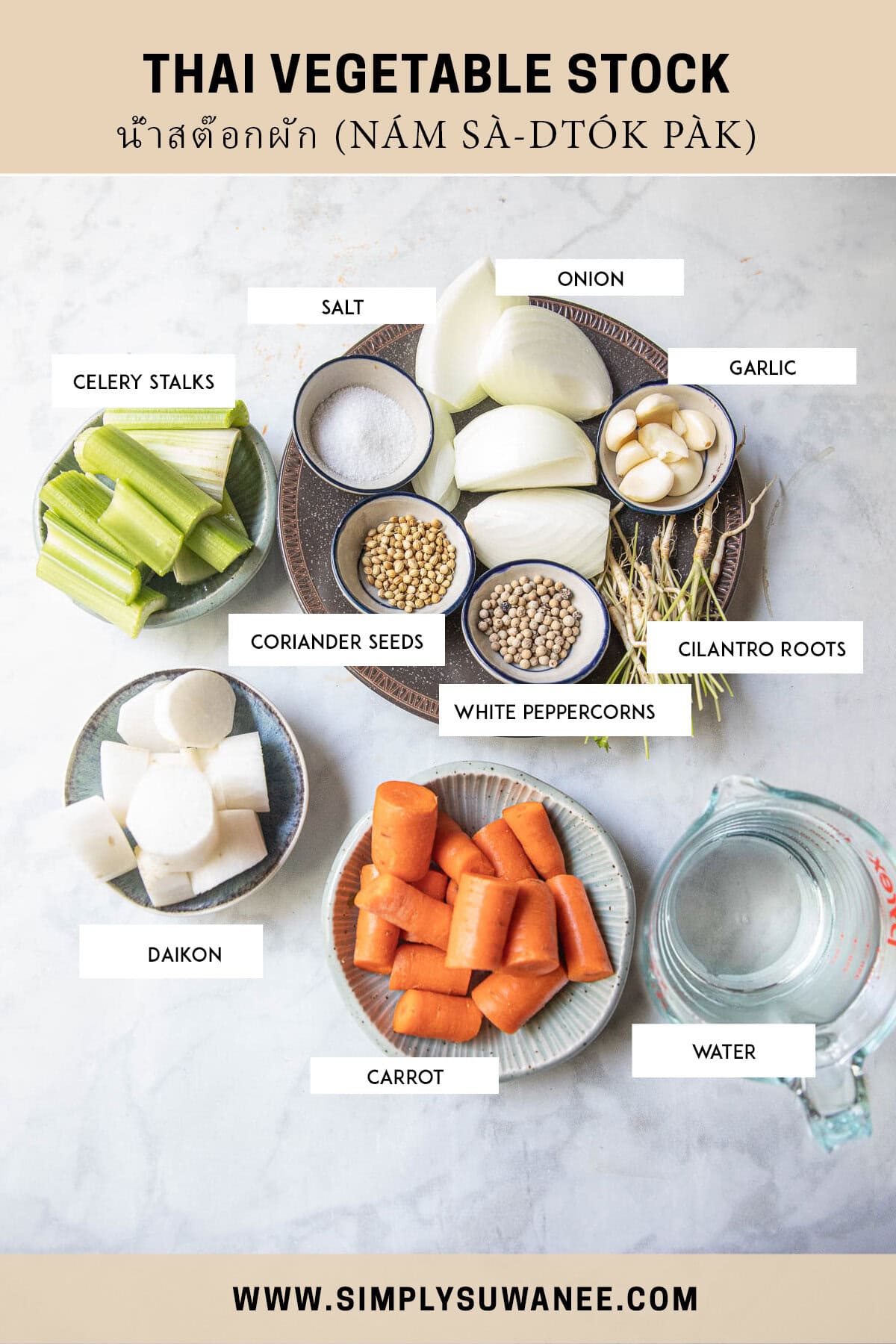 Labeled ingredients for Thai vegetable stock on a table.