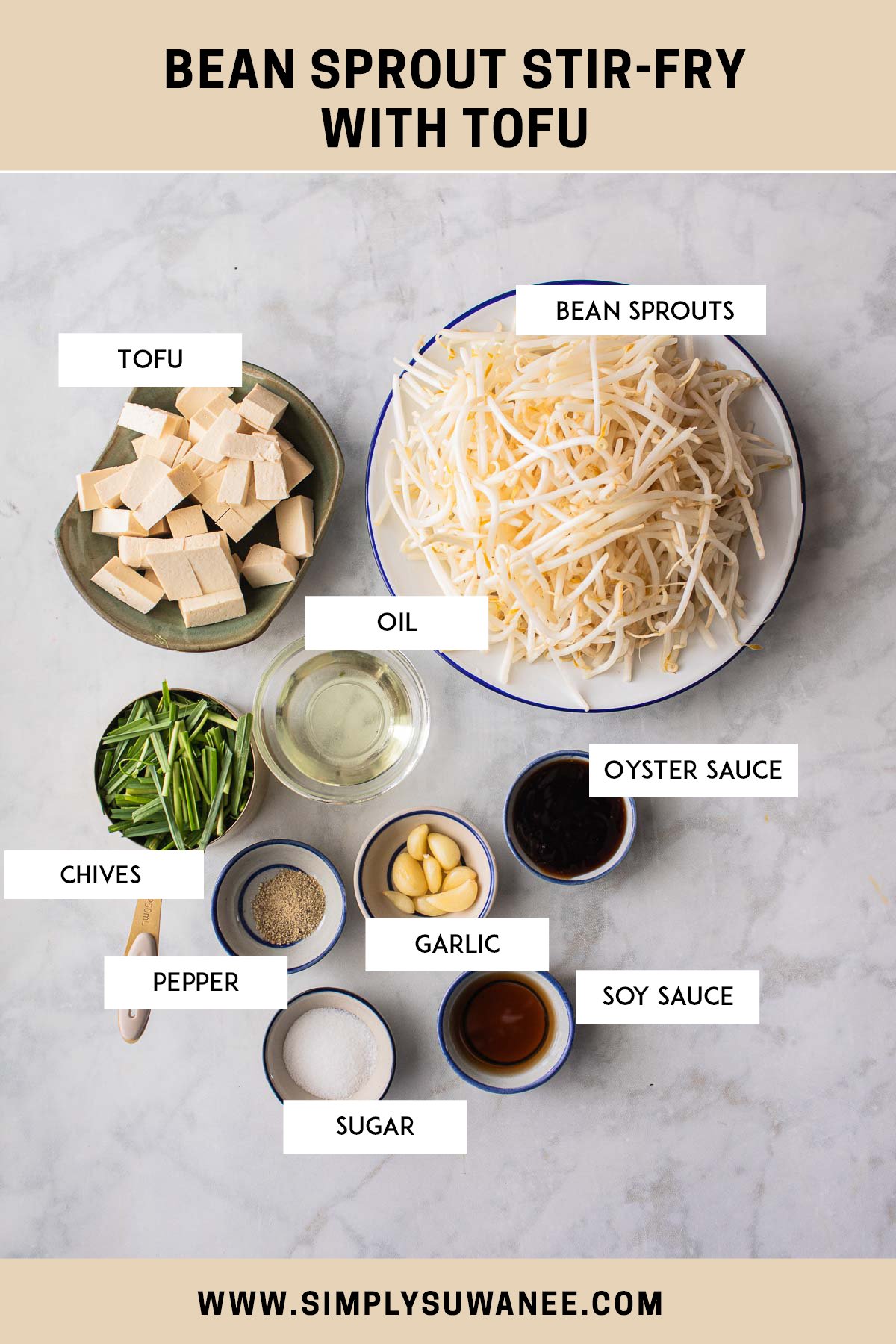 labeled ingredients for bean sprout stir fry