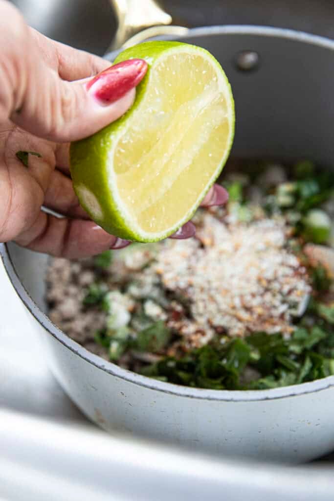Fingers holding lime wedge in a bowl over laab moo salad.