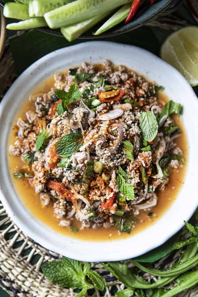 Pork larb moo salad in a platter.