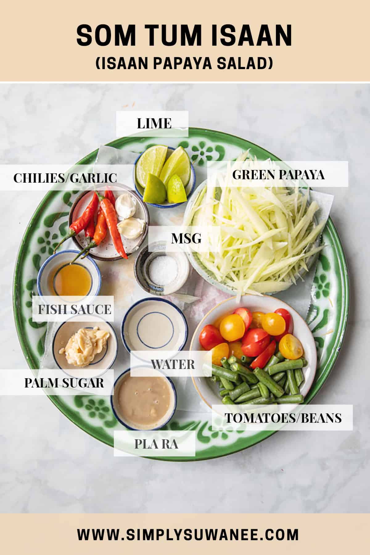 labeled ingredients for som tum isaan recipe on a table.