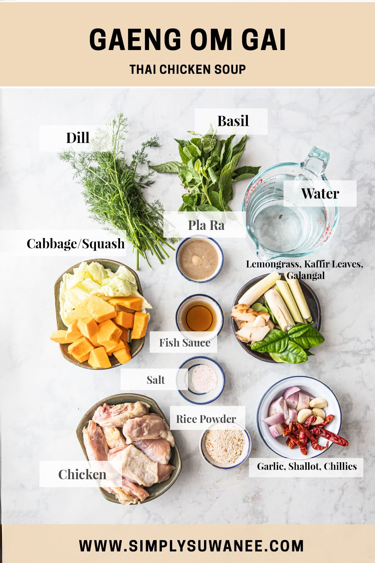 Gaeng Om Gai ingredients including chicken, cabbage, squash, dill, Thai basil, pla ra, fish sauce, lemongrass, galangal, and toasted rice powder