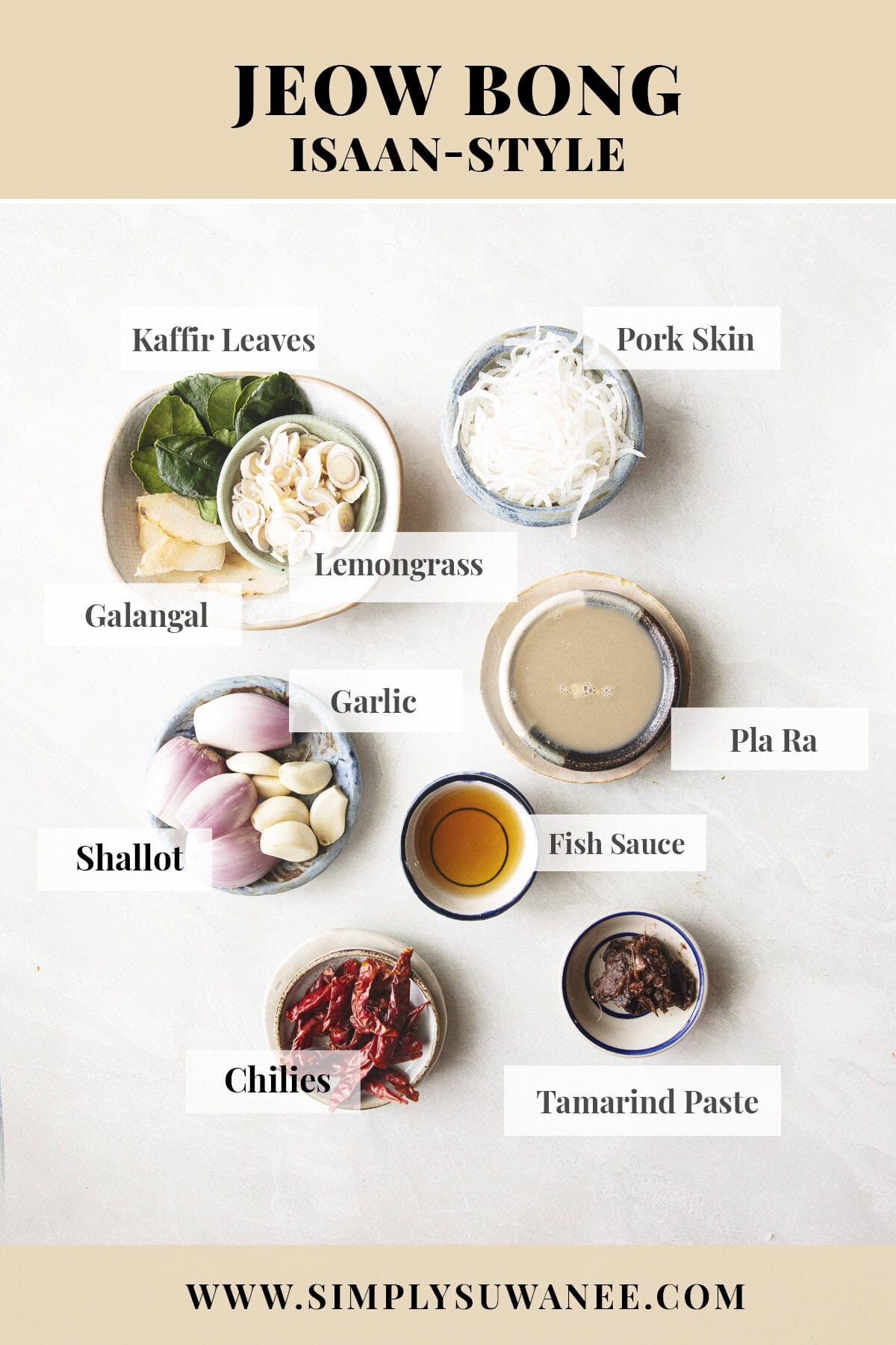 Jeow Bong ingredients arranged before cooking, including dried chilies, shallots, garlic, lemongrass, galangal, and kaffir lime leaves.