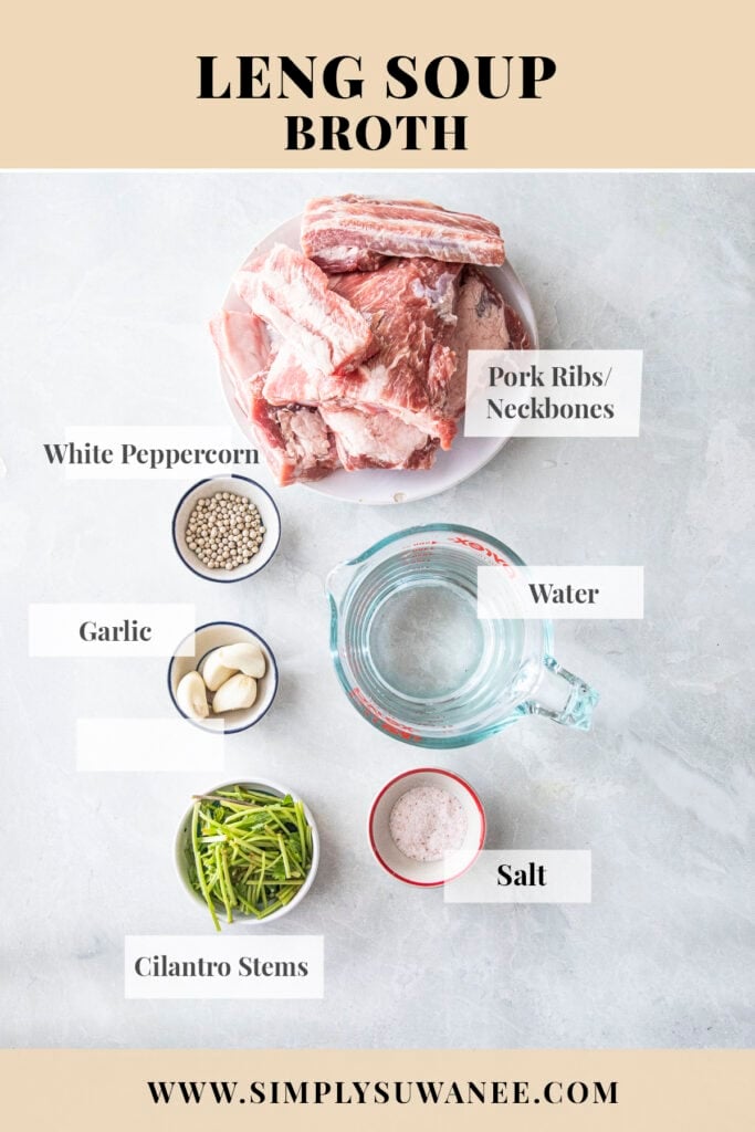 Labeled ingredients for leng Saap broth on a table.