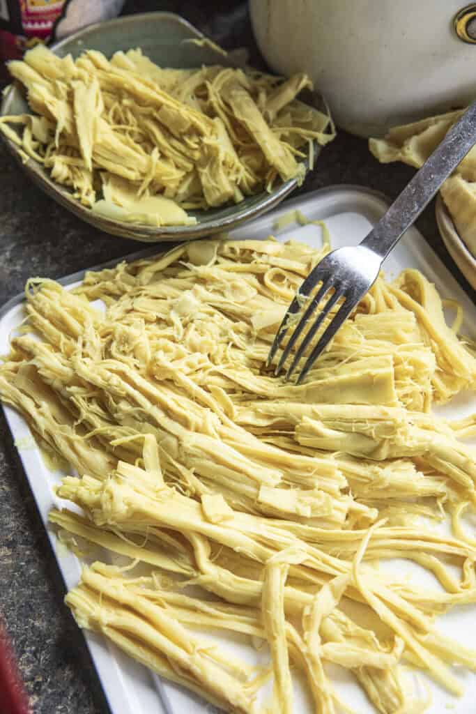 Shredded bamboo shoots prepared for Thai bamboo shoot salad.