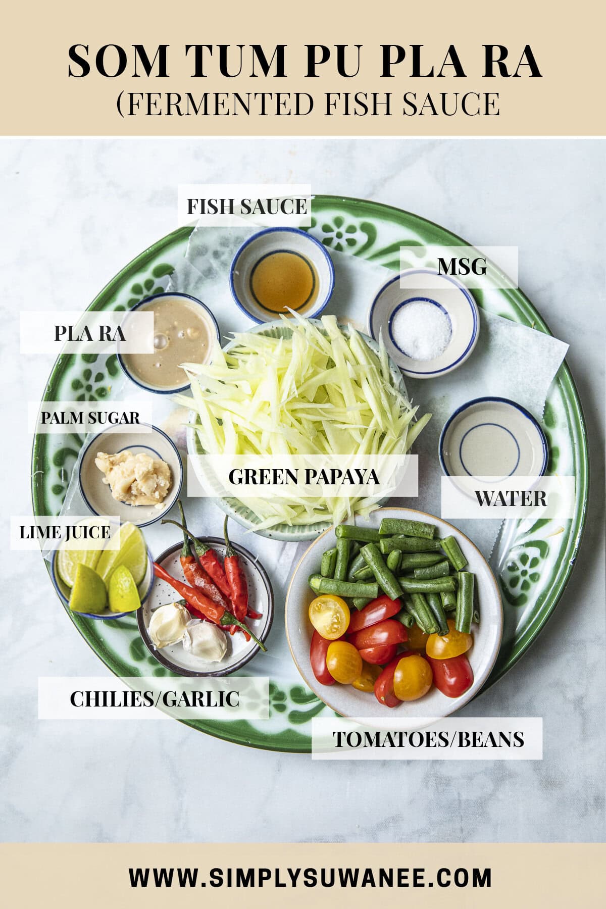 Labeled Som Tum Pla Ra ingredients arranged for Isaan papaya salad on a tray on the table.