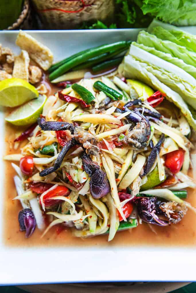 * finished som tum pu pla ra served with veggies on the side.