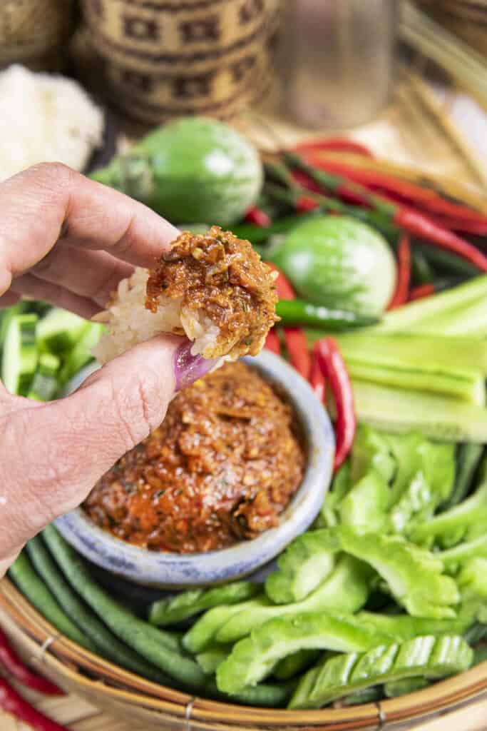 Jeow Bong served with Sticky Rice and Isaan side dishes.
