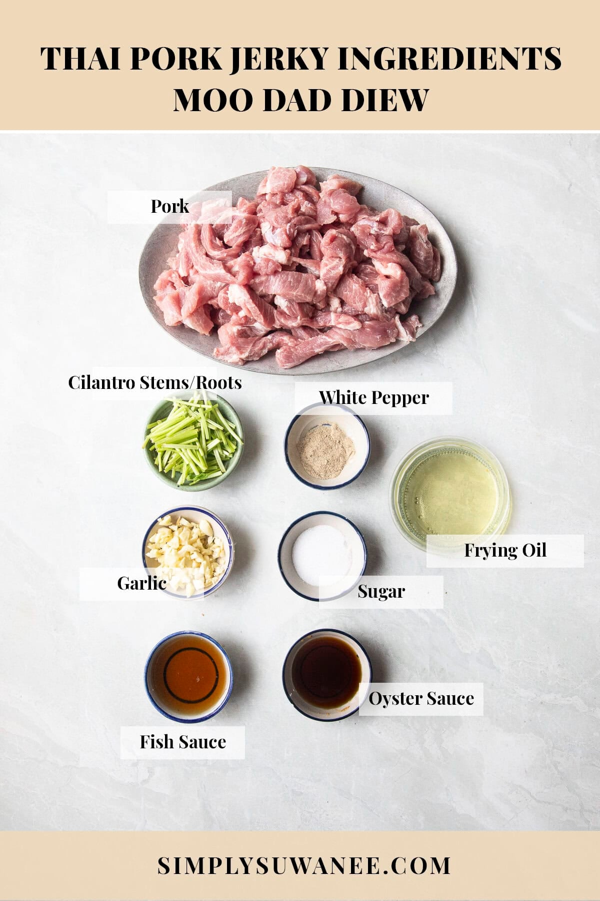 Thai pork jerky ingredients on a table for moo dad deow.