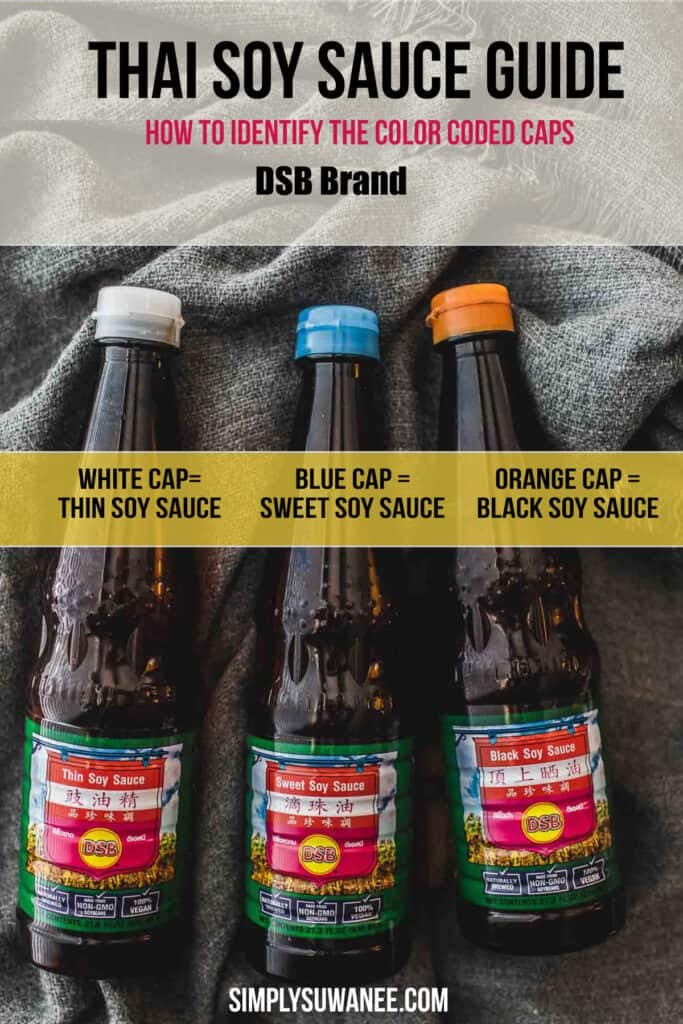 Healthy Boy Thai soy sauce labels showing thin soy sauce, sweet soy sauce, and black soy sauce.