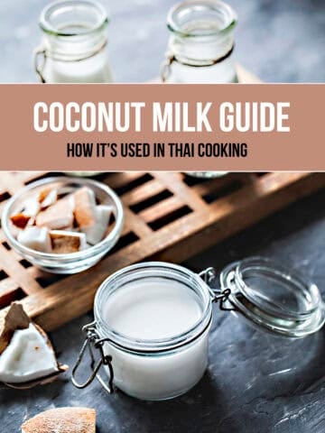 Thai coconut milk in glass jars with fresh coconut pieces for a coconut milk guide.