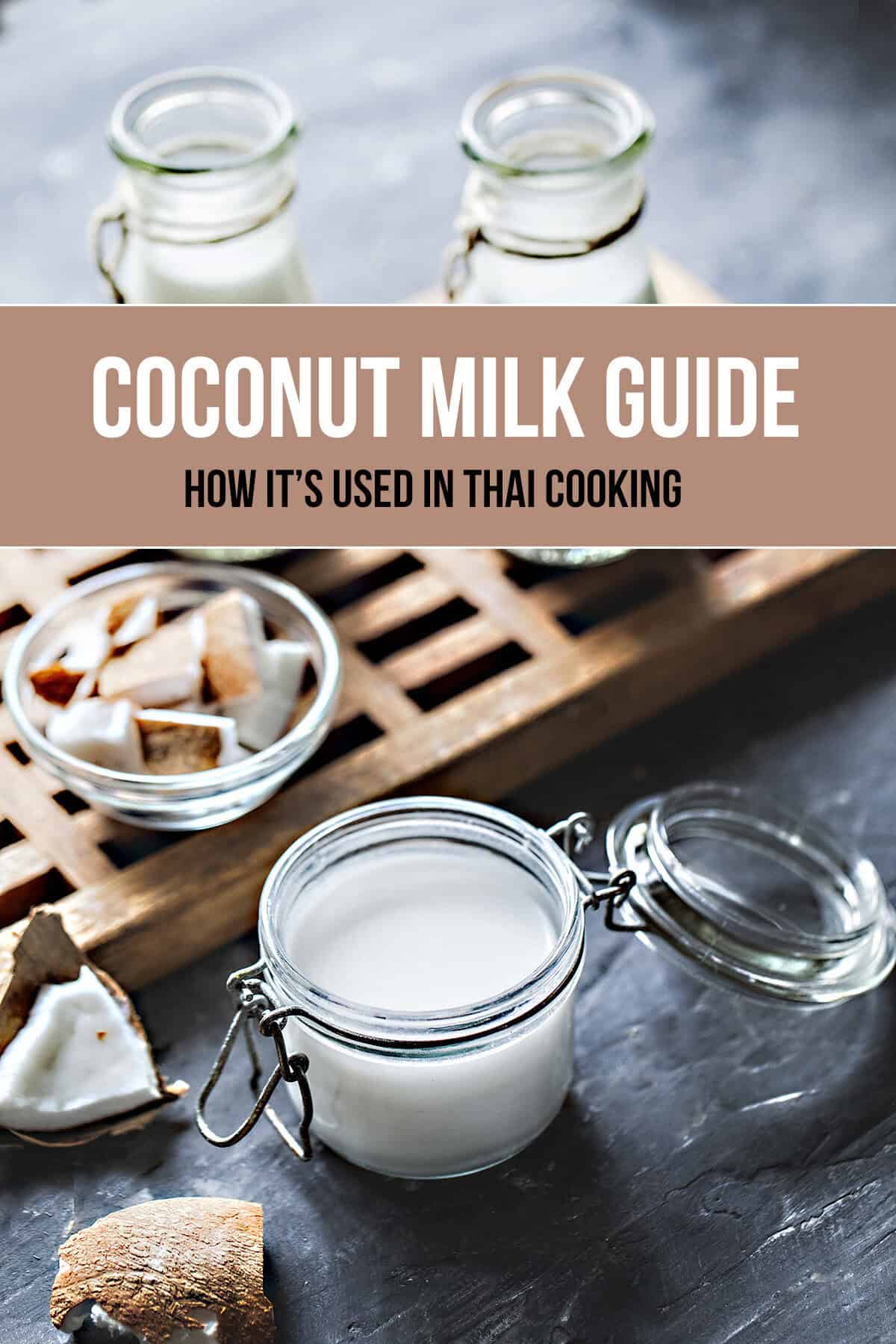 Creamy coconut milk in a glass jar for Thai curries soups and desserts.