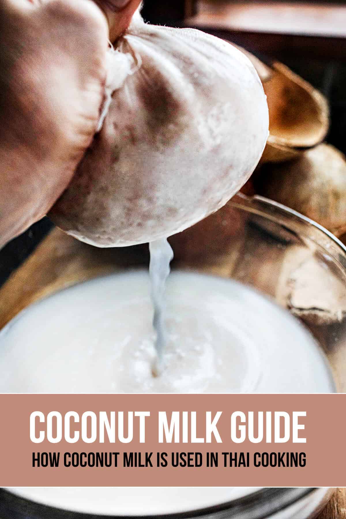 Fresh homemade coconut milk being squeezed from grated coconut in traditional Thai cooking.