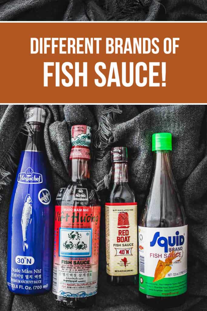 4 bottles of fish sauce on a cloth with text that reads; Different brand of fish sauce!