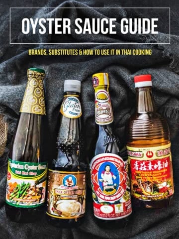 Thai oyster sauce bottles and sauces used in authentic Thai cooking.