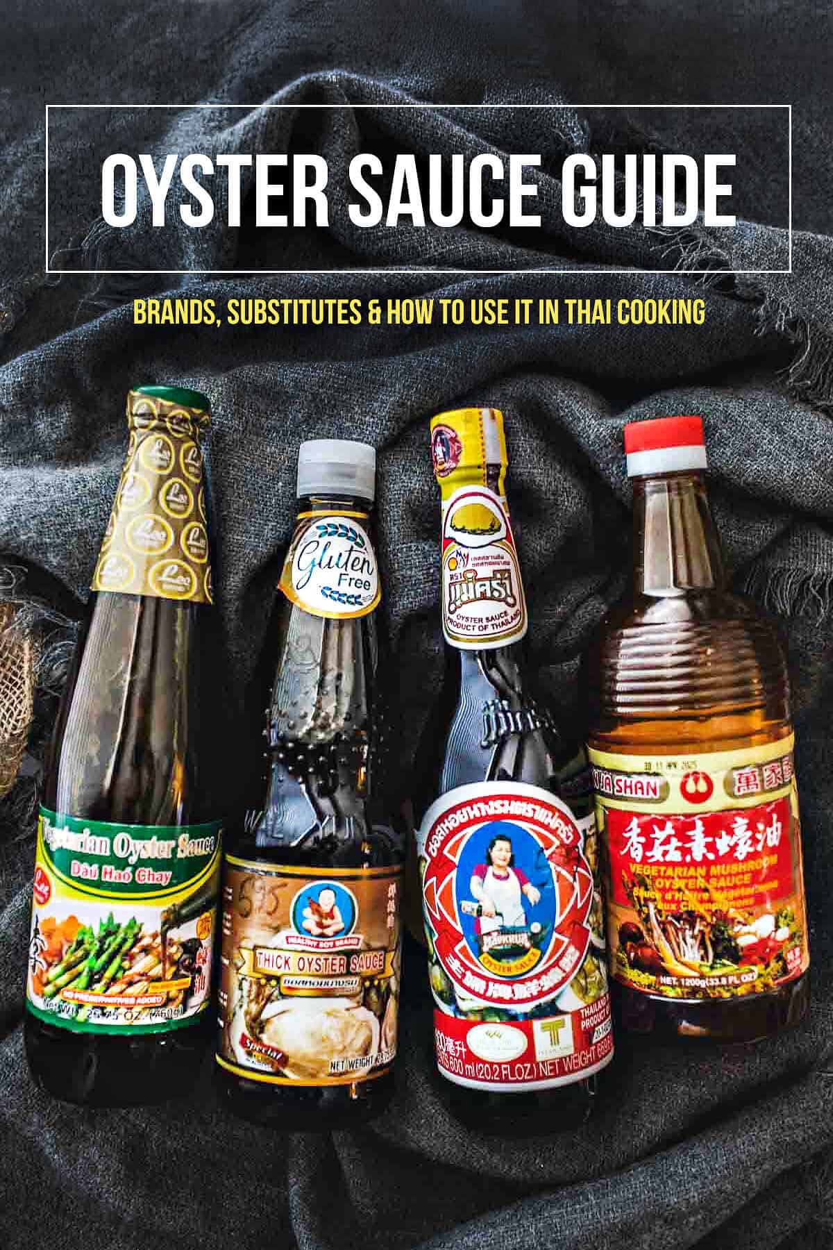 Different oyster sauce brands including Maekrua and vegetarian mushroom oyster sauce.