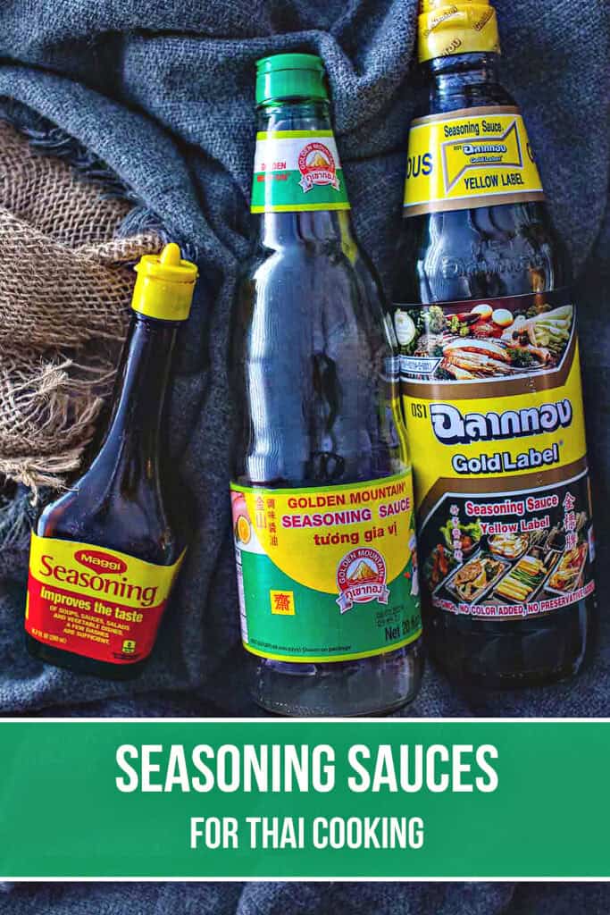 Thai seasoning sauces including Maggi, Golden Mountain, and Chaladtong seasoning sauce.